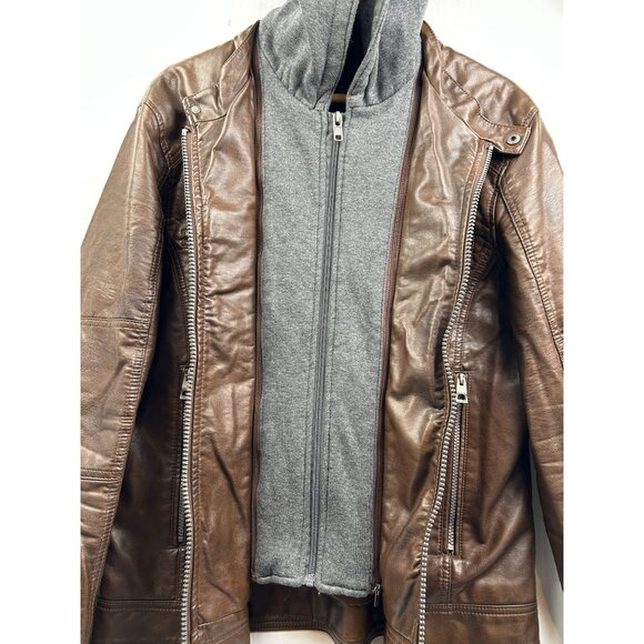 Guess Moto Hoodie Jacket Mens Large Faux Leather Brown Hooded Removable Insert - Picture 13 of 14